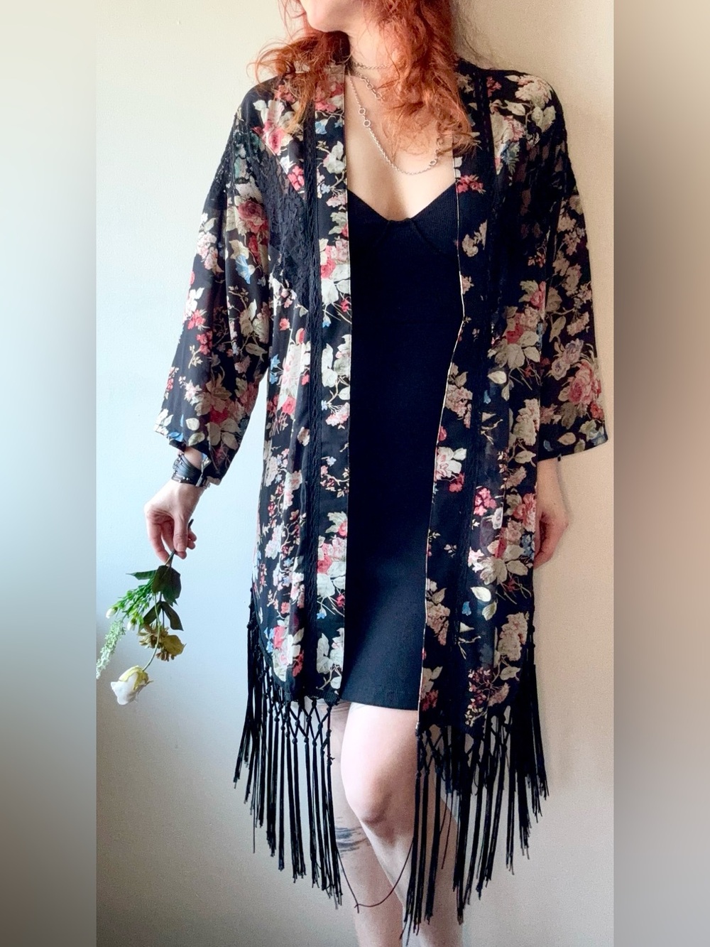Miss Me Black Floral Fringe Kimono Duster Small Boho Western Romantic